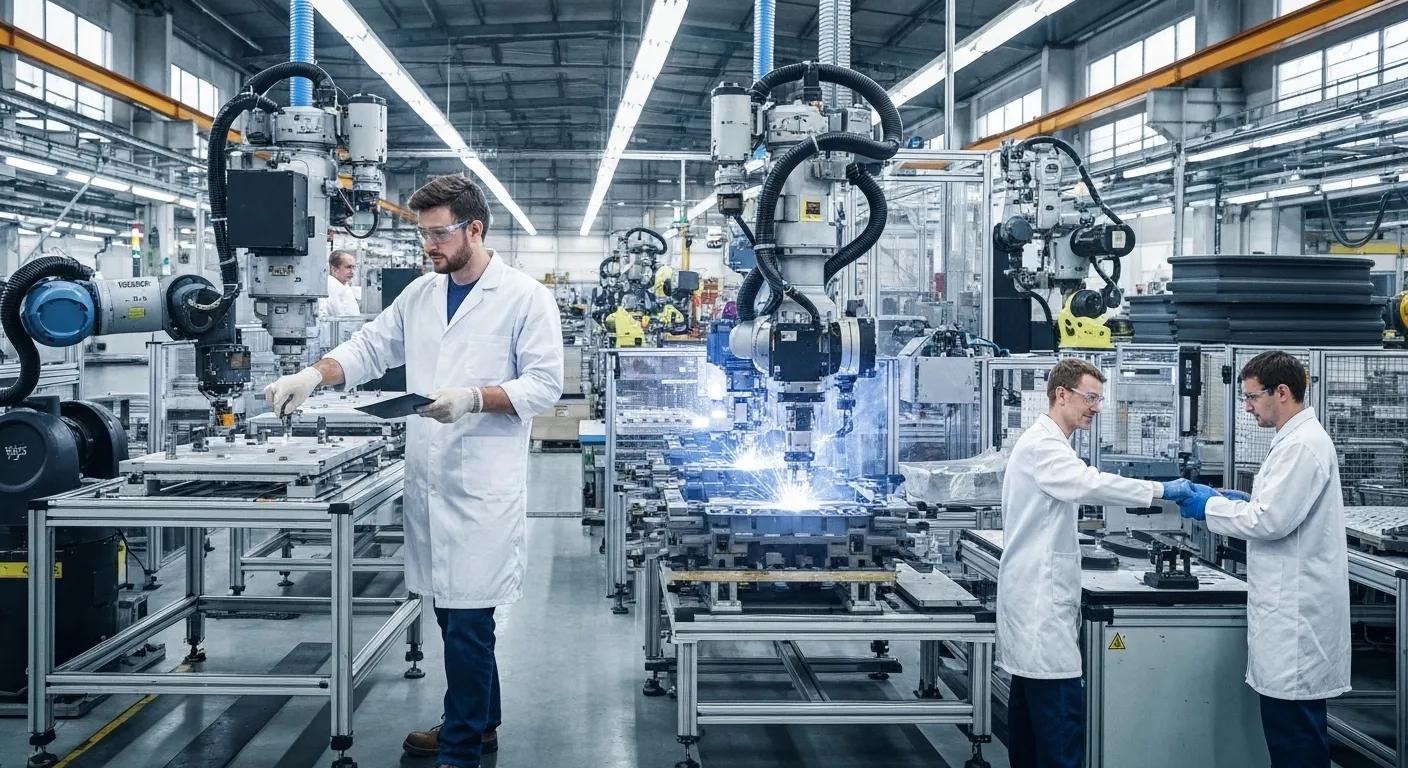A factory floor scene where robots are performing tasks, with human workers supervising the operations, illustrating jobs susceptible to automation