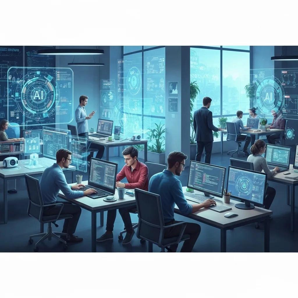 A futuristic workspace where professionals are engaged in creative and technical tasks, showcasing the new job opportunities emerging from automation